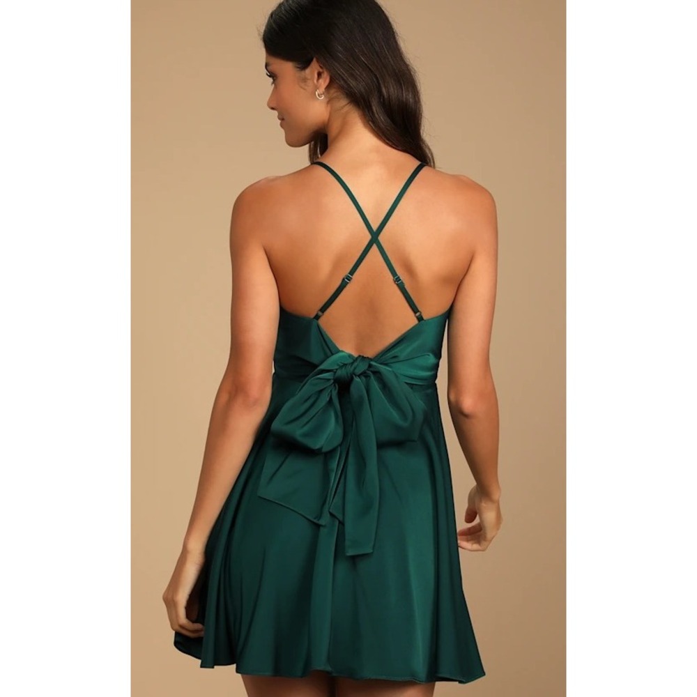 Lulus Teal Satin Tie Back Skater Dress V-Neck Fit and Flare Cocktailโ Mini Dress